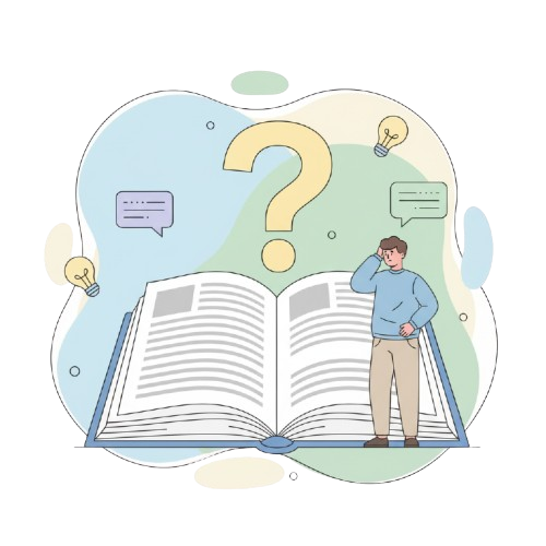 a person standing beside a large open book, looking puzzled while pointing at the text