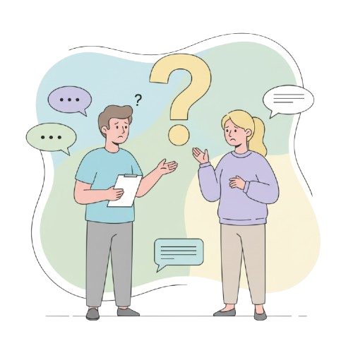 two people facing each other, one holding a clipboard, both looking confused as they try to understand something