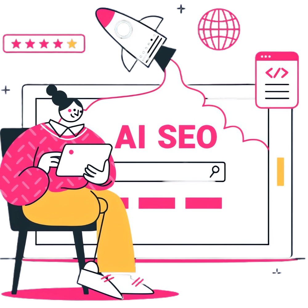 Illustration of AI SEO search engine optimization with Genurion brand colors.
