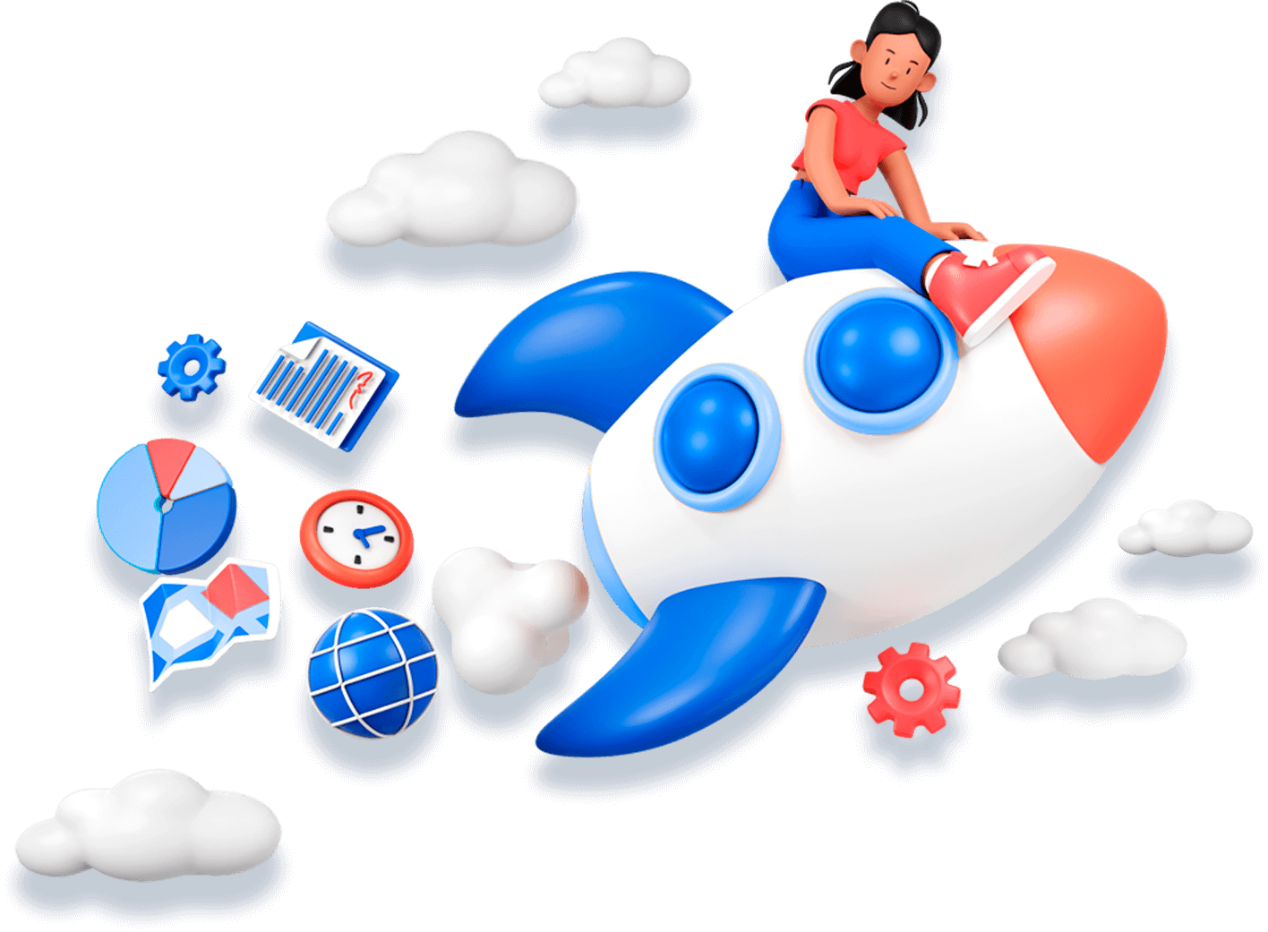 Illustration SEO GEO expert riding rocket with clouds and charts